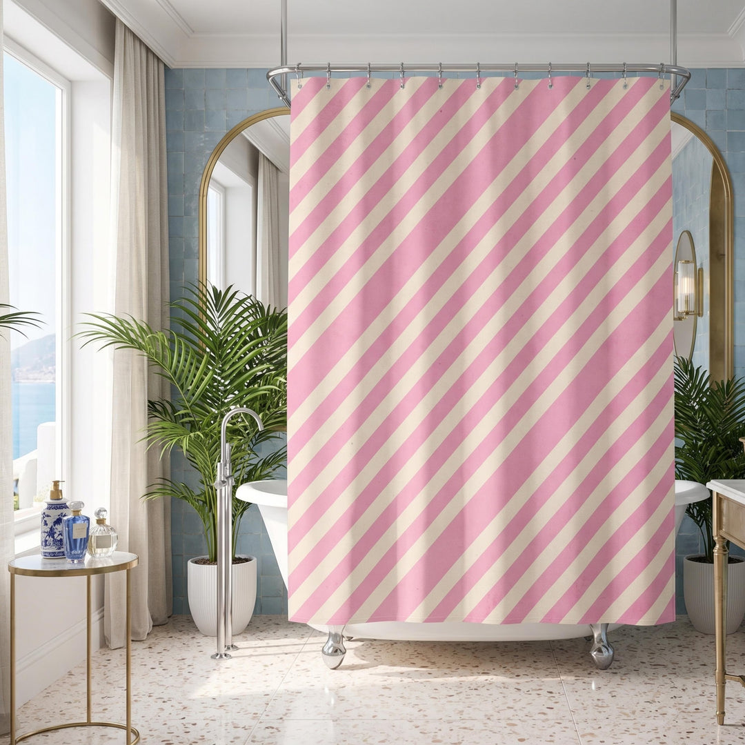 French Riviera Pink Striped Shower Curtain | Mediterranean Luxury Bathroom Decor