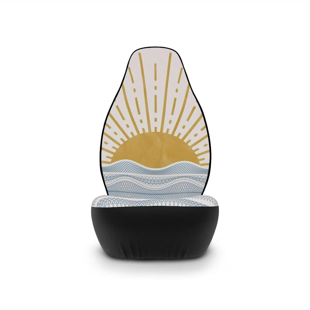 Close-up of 70s-style groovy sunset pattern on Little Aloha Co Santorini seat covers