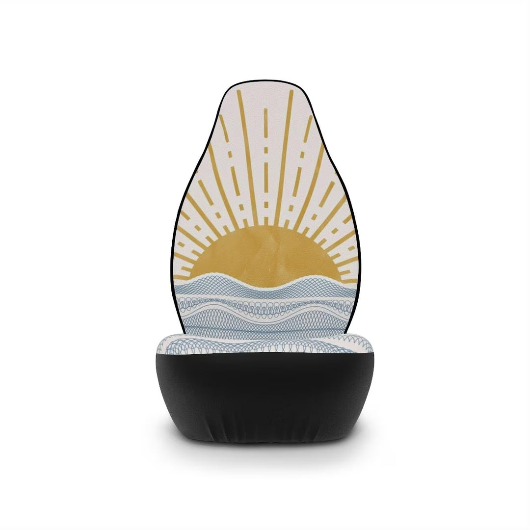 Close-up of 70s-style groovy sunset pattern on Little Aloha Co Santorini seat covers