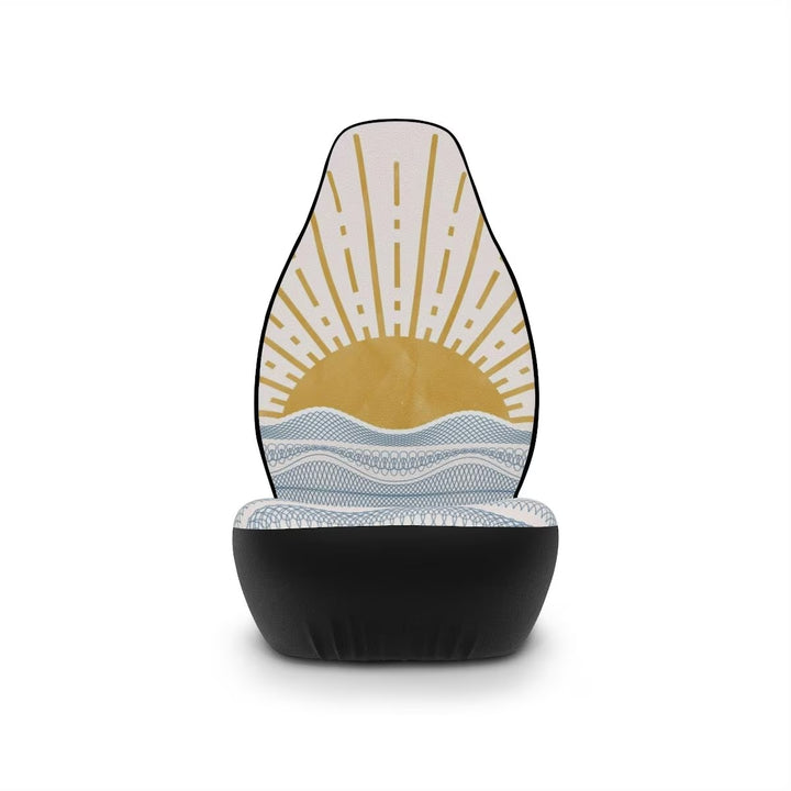Close-up of 70s-style groovy sunset pattern on Little Aloha Co Santorini seat covers