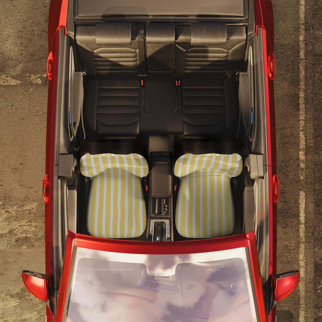 Pair of Little Aloha Co car seat covers in coordinating Cannes cabana stripe print