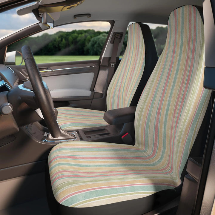 Positano car seat covers in bougainvillea stripe print, set of 2 displayed front-facing
