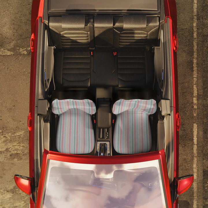 Pair of Little Aloha Co car seat covers in coordinating St Tropez sorbet stripe print