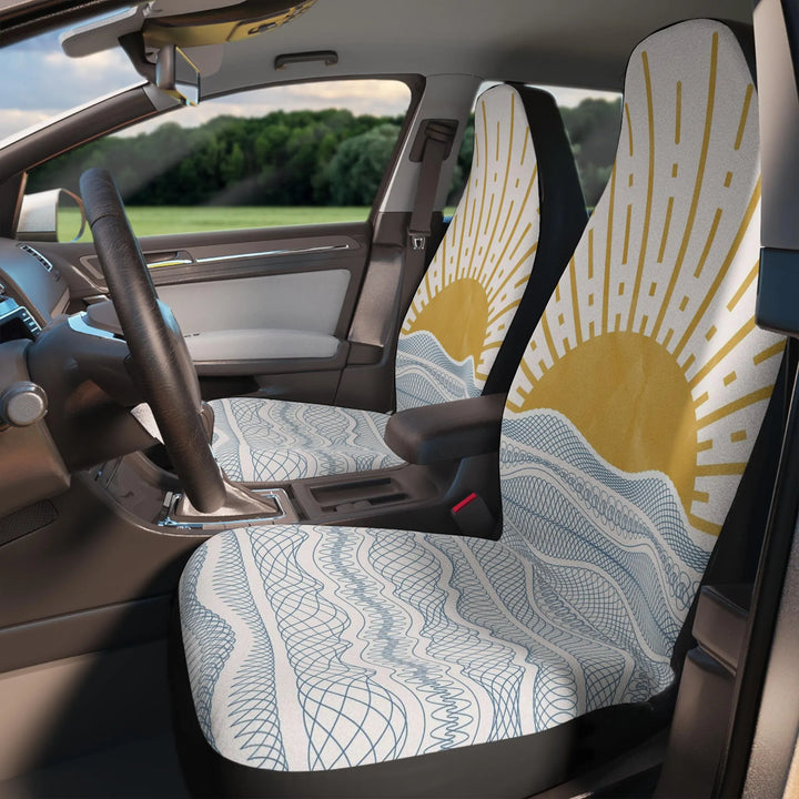 Santorini car seat covers in retro sunset print, set of 2 displayed front-facing

