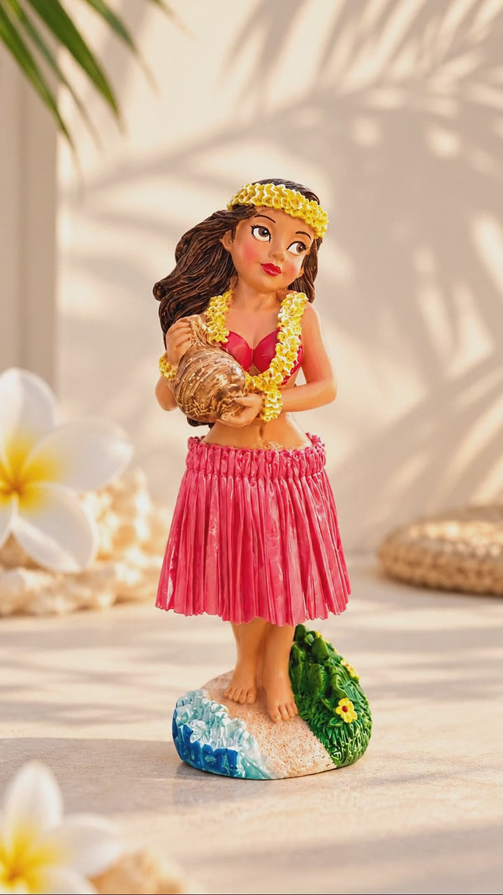 Dashboard Hula Doll: Hand Painted, Natural Skirt - Car Decor