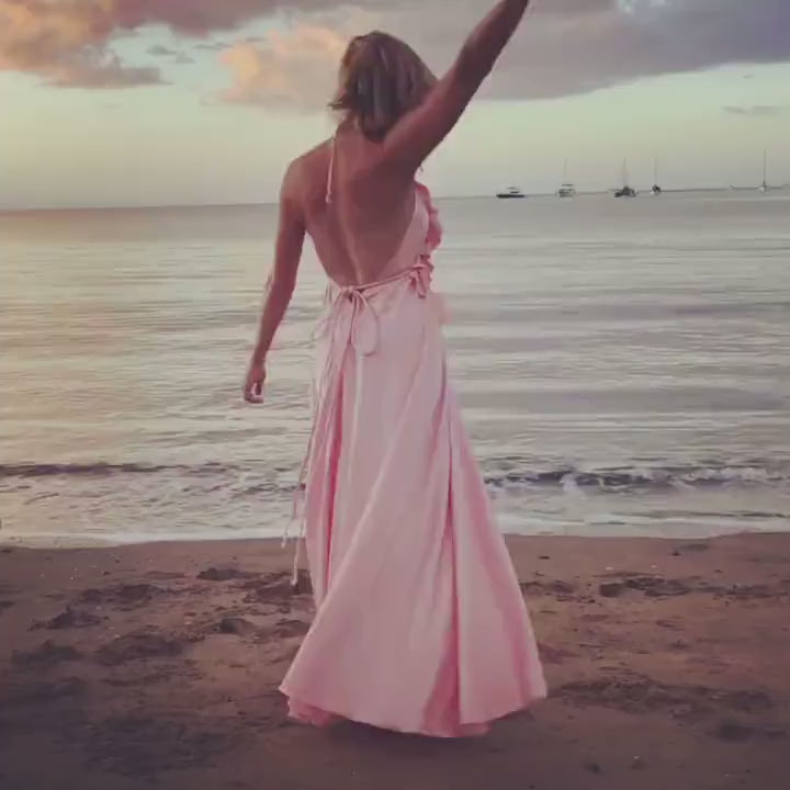 Silk Maxi Dress – Flowy Halter Neck Dress with Adjustable Neck Ties & Ruffles