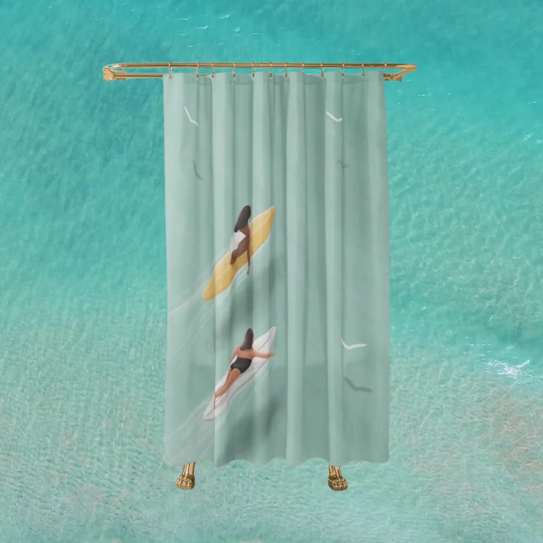 Boho Shower Curtain - Coastal Beach Design With Surfing Girls In Neutral Colors
