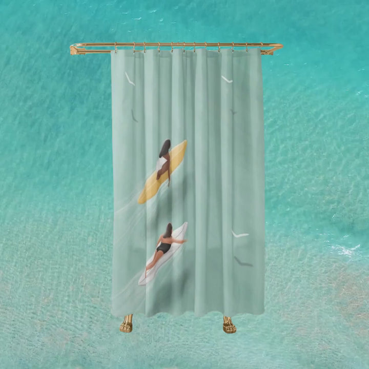 Boho Shower Curtain - Coastal Beach Design With Surfing Girls In Neutral Colors
