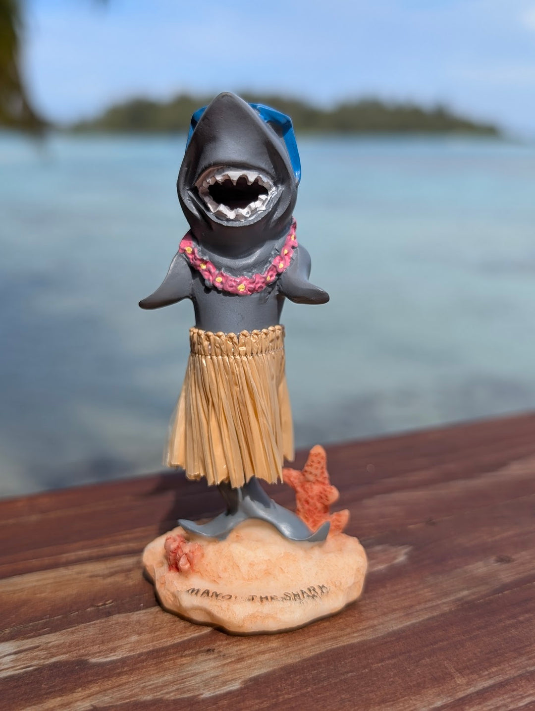 Surfing Shark Hula Dashboard Doll (4.3") | Hand Painted Natural Skirt Tropical Car Decor