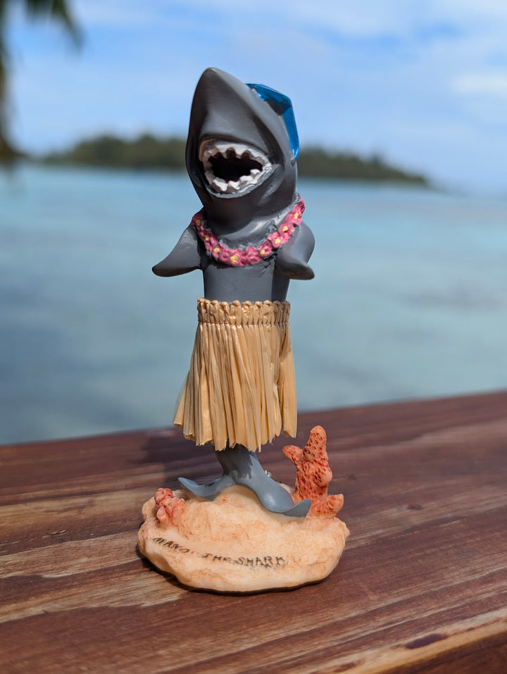 Surfing Shark Hula Dashboard Doll (4.3") | Hand Painted Natural Skirt Tropical Car Decor