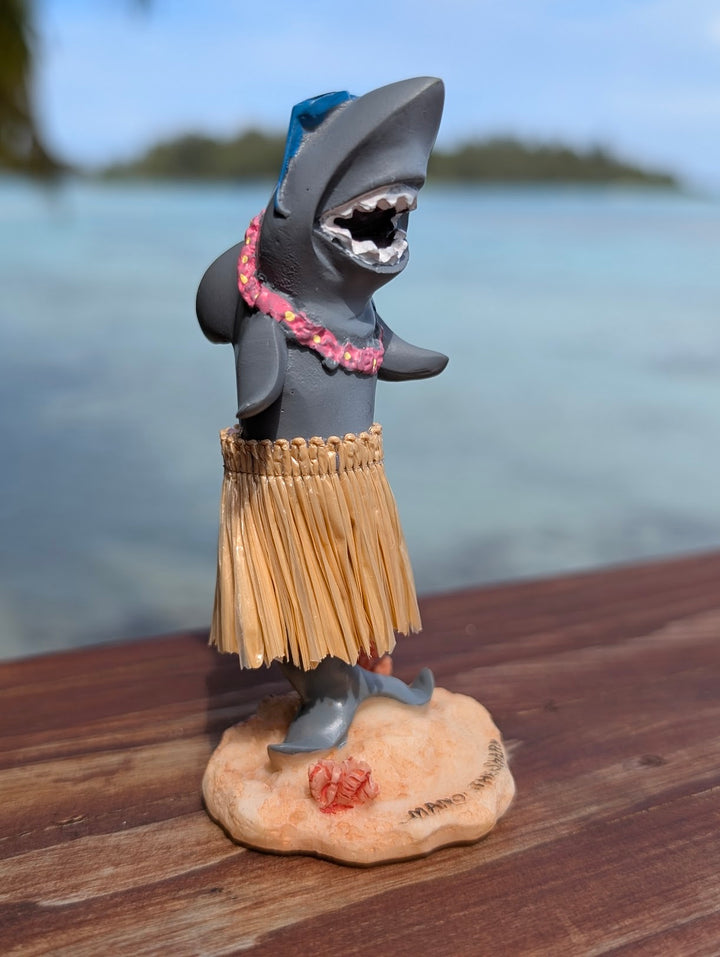 Surfing Shark Hula Dashboard Doll (4.3") | Hand Painted Natural Skirt Tropical Car Decor